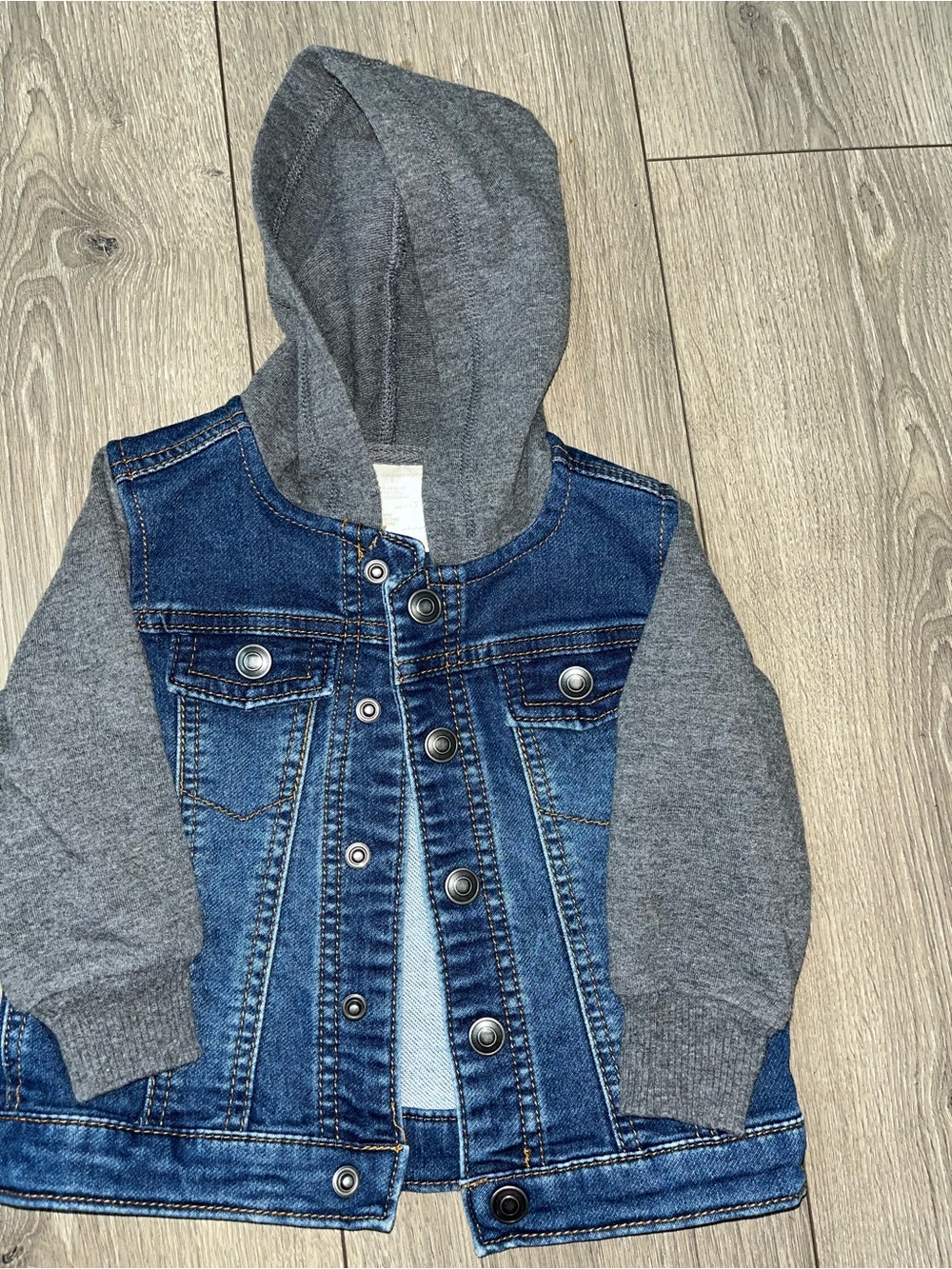 First Impressions Blue Denim Jacket with Gray Hoodie and Sleeves